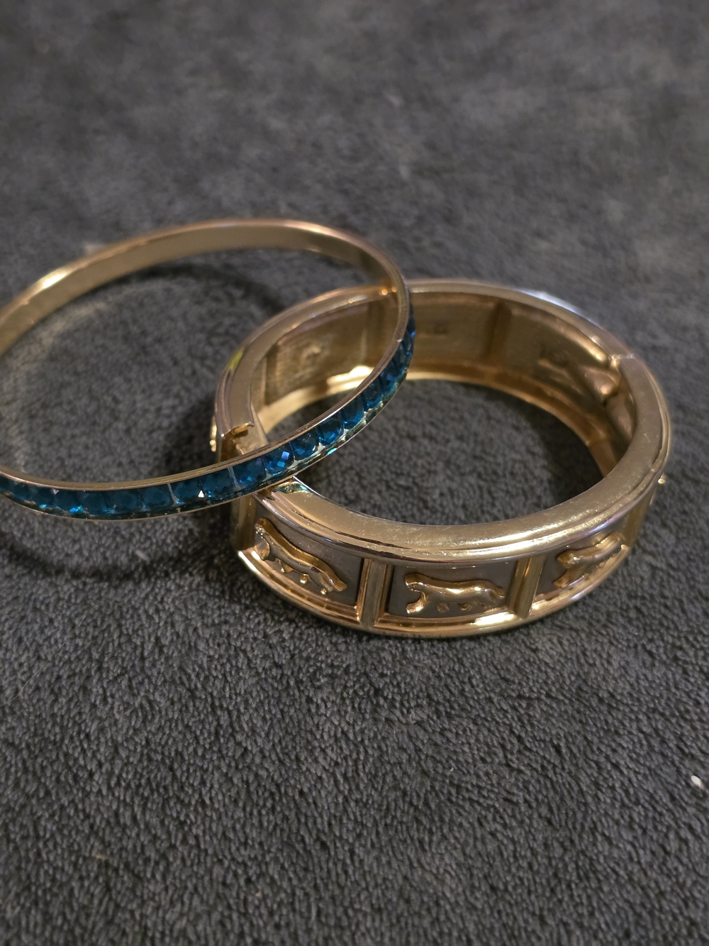 Gold Tone Bangle Set with Blue Crystal Accent